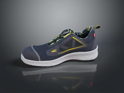 Dark Blue Safety Shoes Featuring Yellow Line Decorations Laces White Sole And Small Red Logo 3d model