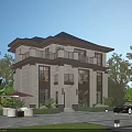 Modern Detached Villa With Stone Exterior Balconies Outdoor Seating Surrounding Trees And Black Car