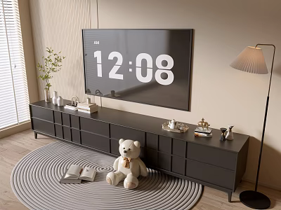 Modern TV Stand with Large Screen TV Floor Lamp Stuffed Bear and Round Rug 3d model