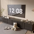 Modern TV Stand with Large Screen TV Floor Lamp Stuffed Bear and Round Rug