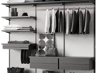 Sleek Modern Wardrobe Interior With Hanging Clothes Shelves Folded Items Drawers And Decorative Art 3d model