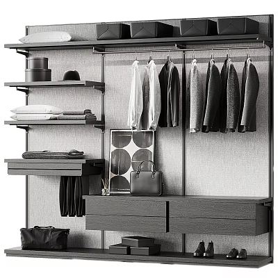 Sleek Modern Wardrobe Interior With Hanging Clothes Shelves Folded Items Drawers And Decorative Art 3d model