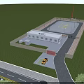 Industrial Factory Building Featuring Enclosed Fence Entrance Gate Parked Vehicle And Green Lawn