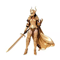 Mythical Warrior Game Character With Golden Armor Black Cape Horned Helmet And Long Sword