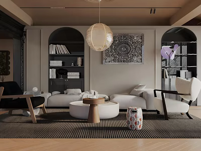 Modern Living Room Interior With Arched Bookshelves White Sofas Round Pendant Light And Decorative Art 3d model