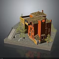 Red Building Model With Yellow Accents Brown Roof Small Trees Steps And Platform