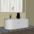 White Bathtub with Faucet and Person Sitting Inside by Window Curtains Vase and Tiled Floor