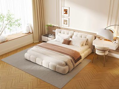 Cozy Double Bed In Modern Bedroom With Curtains Window Rug And Paintings 3d model