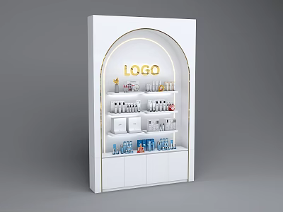 White Display Shelf with Arched Design Golden Trim and Products Arranged on Shelves 3d model