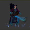 Fantasy Game Mage Character In Purple Blue Outfit With Hat Backpack And Blue Magical Effects
