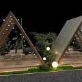 Garden Landscape with Triangular Tent Like Structures Glass Walls Gravel Path and Decorative Lights