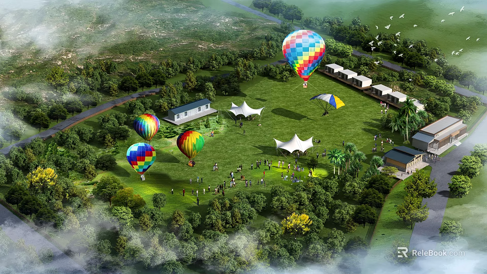 Aerial View Planning of Scenic Grassland with Hot Air Balloons Tents and Crowds 3d model 