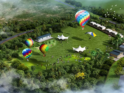 Aerial View Planning of Scenic Grassland with Hot Air Balloons Tents and Crowds 3d model