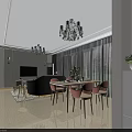 Modern Living And Dining Room With Chandeliers Yellow Armchair Gray Sofa Coffee Tables Large Windows