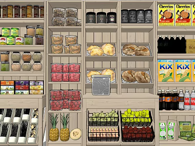 Retail Display Shelves Stocked With Various Foods Beverages Fruits And Baked Goods 3d model