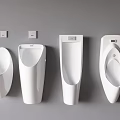 Modern White Wall Mounted Urinals With Four Different Designs On Gray Wall 3d model