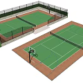 Outdoor Basketball Courts With Green Surfaces Brown Borders Fencing And Lighting