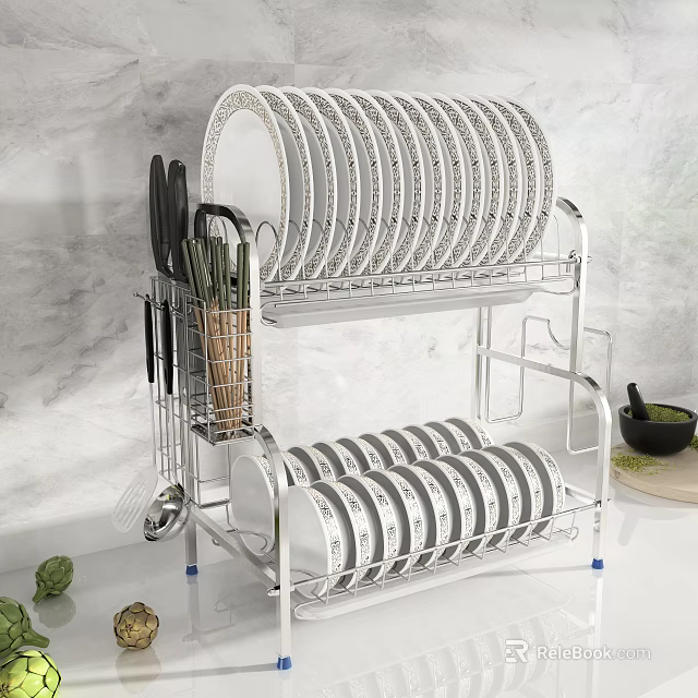 Stainless Steel Double Layer Kitchen Utensil Set Dish Rack with Plate Bowl Storage 3d model 