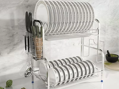 Stainless Steel Double Layer Kitchen Utensil Set Dish Rack with Plate Bowl Storage 3d model