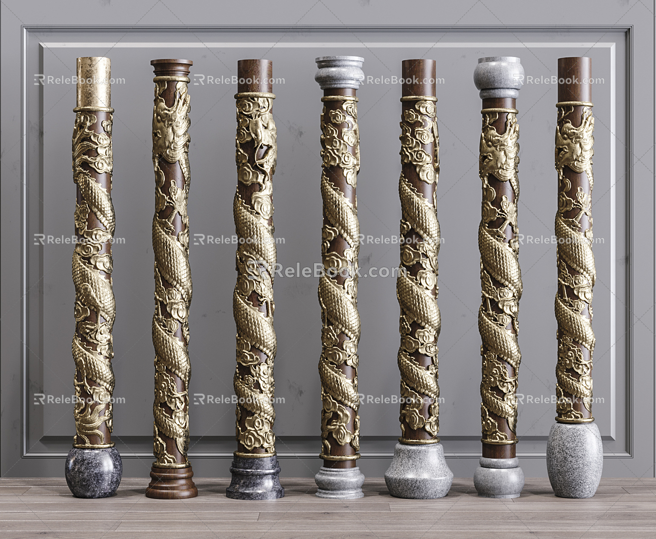 Light Luxury Pillar Panlong Carved Pillar Combination 3d model