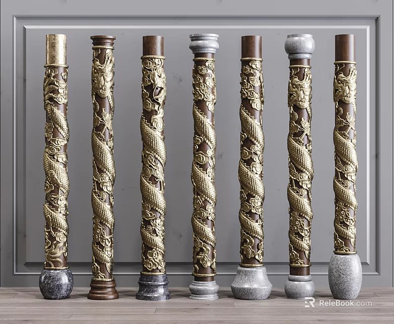 Traditional Decorative Carved Columns With Dragon Patterns Twisted Designs And Various Colors 3d model 