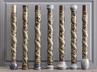 Traditional Decorative Carved Columns With Dragon Patterns Twisted Designs And Various Colors 3d model