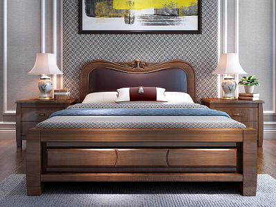 New Chinese background double bed solid wood double bed combination model