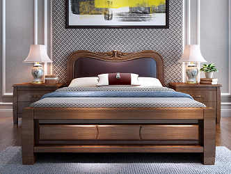 New Chinese background double bed solid wood double bed combination 3d model