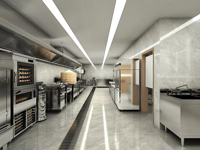 Modern Kitchen Interior Featuring Stainless Steel Kitchen Appliances Cabinets And Counter Spaces 3d model