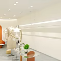 Fashion Clothing Store Interior With Arched Doors Orange Curtains Mannequins Coats Orange Bench Green Plant