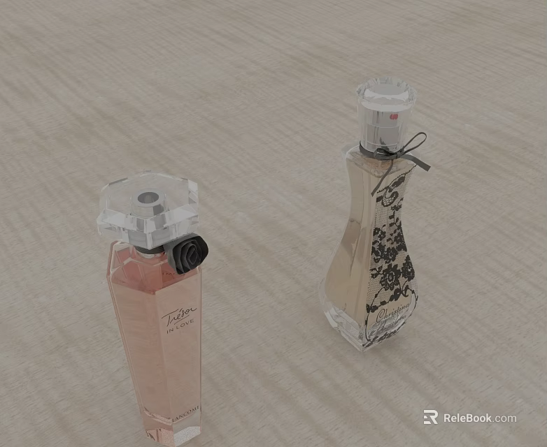 Two Stylish Perfume Bottles Pink And Transparent With Black Patterns On Light Colored Fabric 3d model 