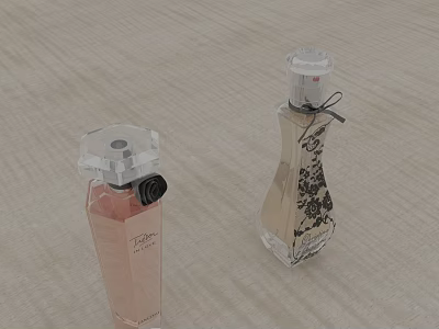 Two Stylish Perfume Bottles Pink And Transparent With Black Patterns On Light Colored Fabric 3d model