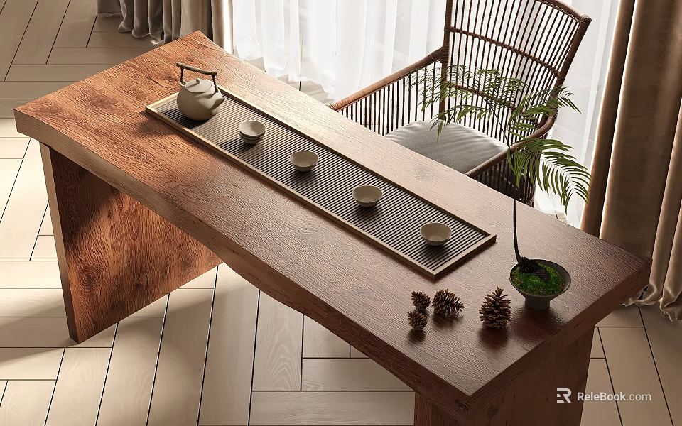 Wooden Tea Table and Rattan Chair with Tea Set Tray Pine Cones and Potted Plant 3d model 