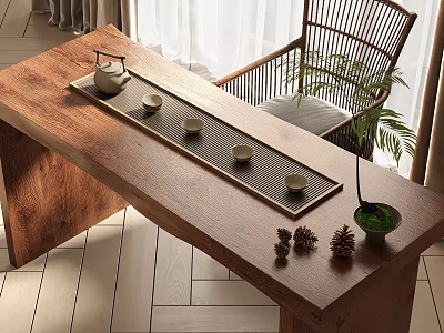Wooden Tea Table and Rattan Chair with Tea Set Tray Pine Cones and Potted Plant 3d model