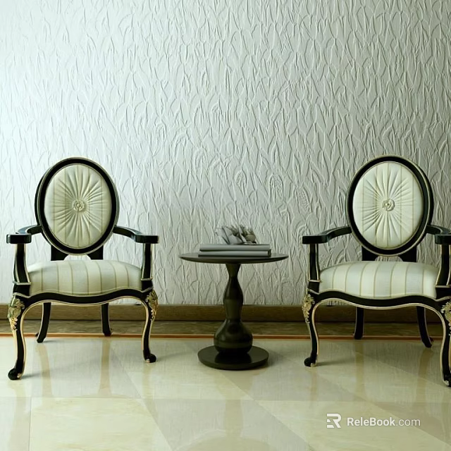 Leisure Sofa Set With Striped Cushions Black Frame Gold Accents And Small Round Table 3d model 