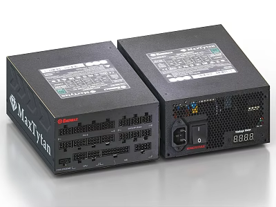 Two Black PC Power Supply Units With Labels Ports And Control Buttons 3d model