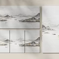 Traditional Chinese Ink Landscape Paintings With Mountains Water And Boats In Soft Tones