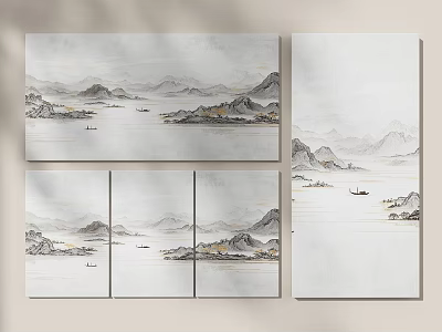 Traditional Chinese Ink Landscape Paintings With Mountains Water And Boats In Soft Tones 3d model