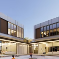 Modern Detached Villa Exterior Design With Glass Facade Lawn Swimming Pool And Lighting