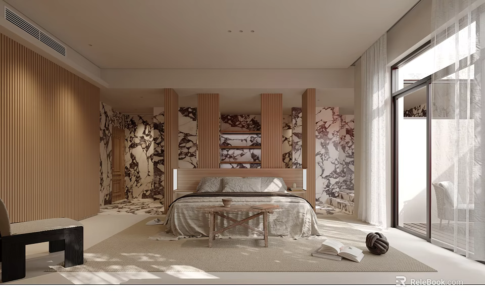 Modern Bedroom Interior Design With Wooden Headboard Patterned Wallpaper Large Windows And Area Rug 3d model 