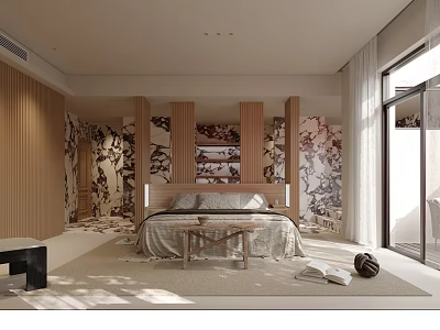 Modern Bedroom Interior Design With Wooden Headboard Patterned Wallpaper Large Windows And Area Rug 3d model