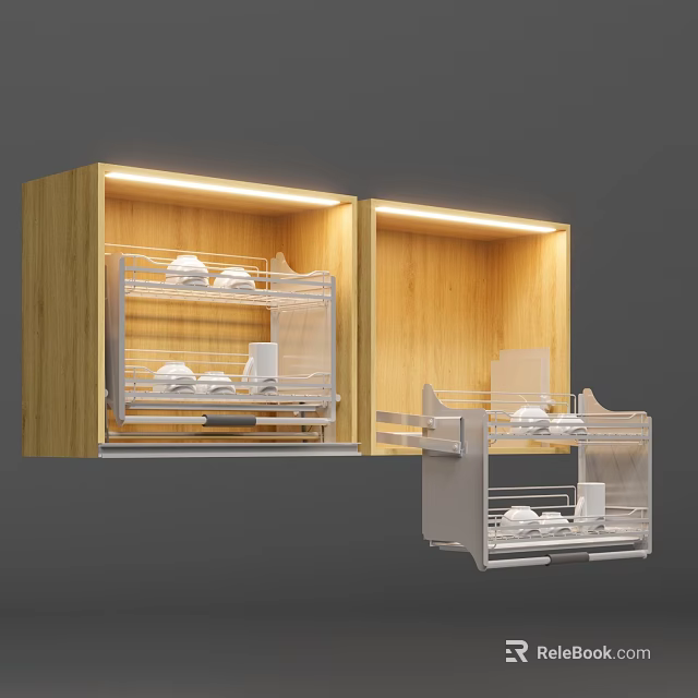 Modern Wooden Kitchen Cabinets With LED Lighting And Open Dish Rack Storage 3d model 