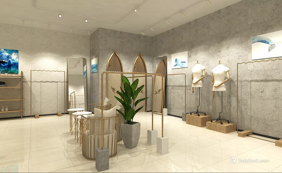 Modern Shopping Mall Retail Counter With Mannequins Display Racks Green Plant And Decorative Elements 3d model 