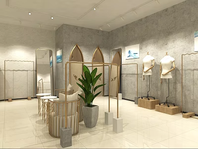 Modern Shopping Mall Retail Counter With Mannequins Display Racks Green Plant And Decorative Elements 3d model