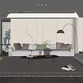 Modern Living Room Interior With Light Colored Sofa Geometric Rug And Arched Floor Lamp