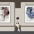 Two Vibrant Abstract Paintings Hanging On Walls In Modern Interior With Small Figure On Bench