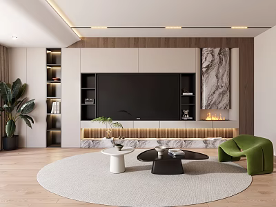 Modern Minimalist Living Room With Built In TV Wall And Warm Stylish Home Interior Decor 3d model