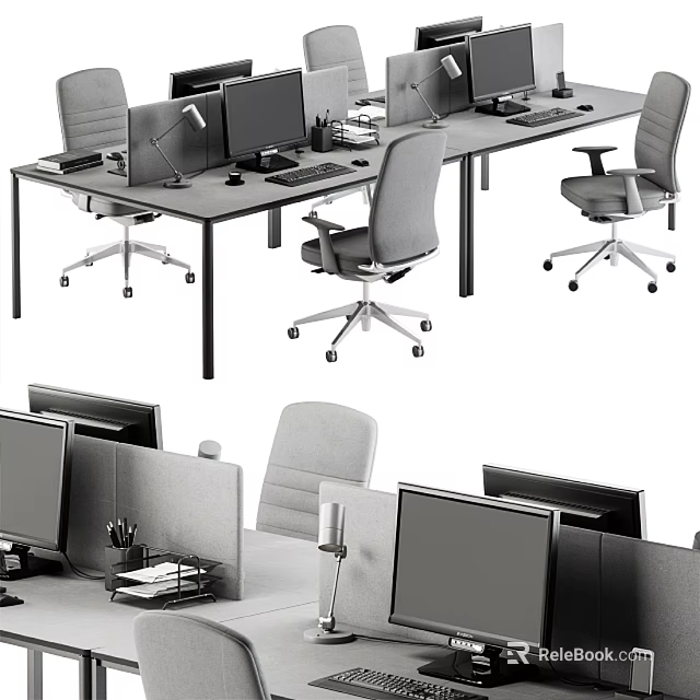 Modern Office Desk Setup With Multiple Computer Monitors Office Chairs Desk Lamps And Supplies 3d model 