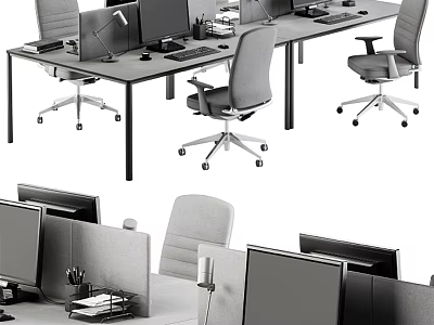 Modern Office Desk Setup With Multiple Computer Monitors Office Chairs Desk Lamps And Supplies 3d model