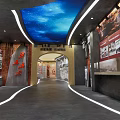 Modern Exhibition Space With Red Walls White Display Boards And Glass Cases